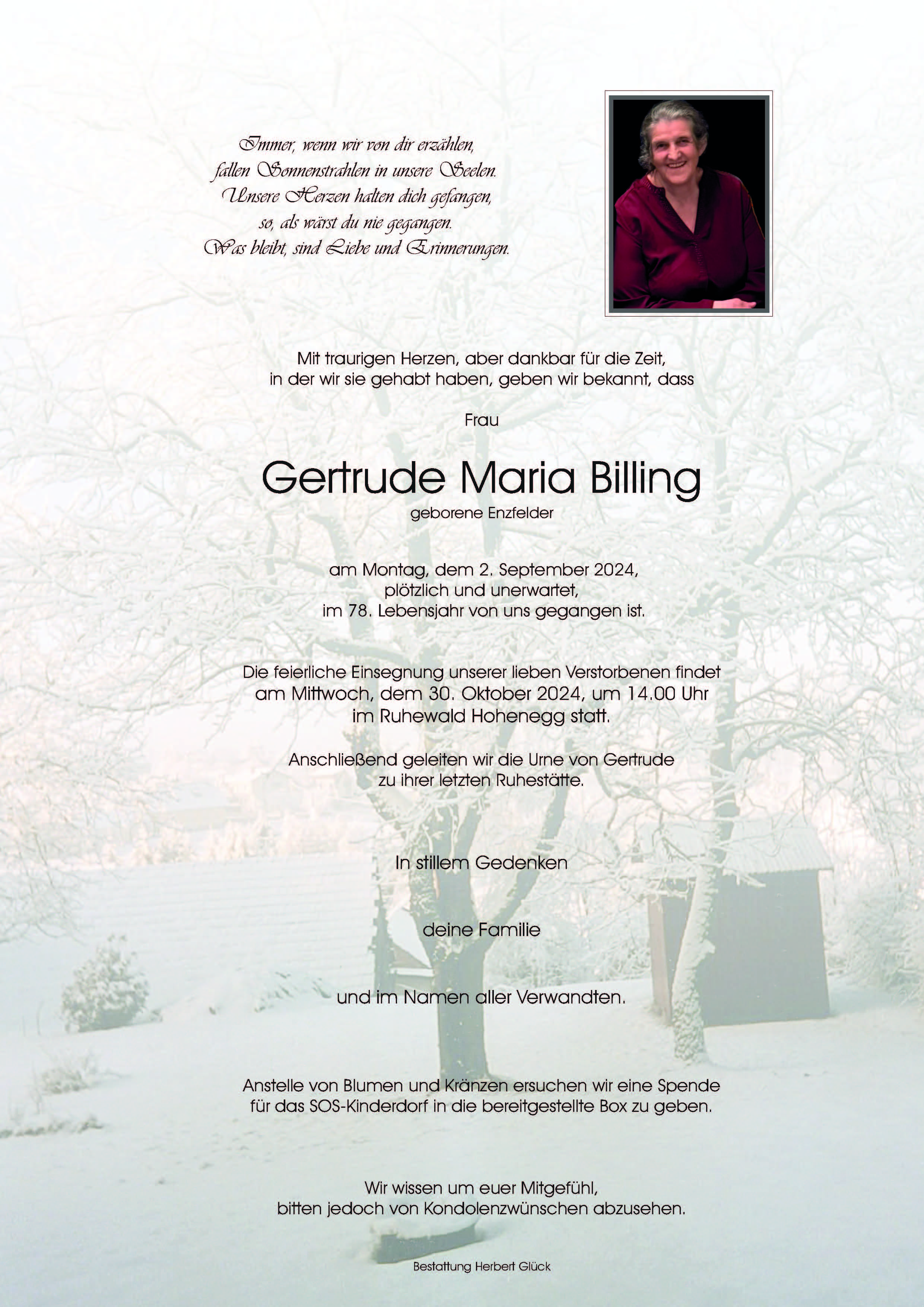 Sterbefall Gertrude Maria Billing