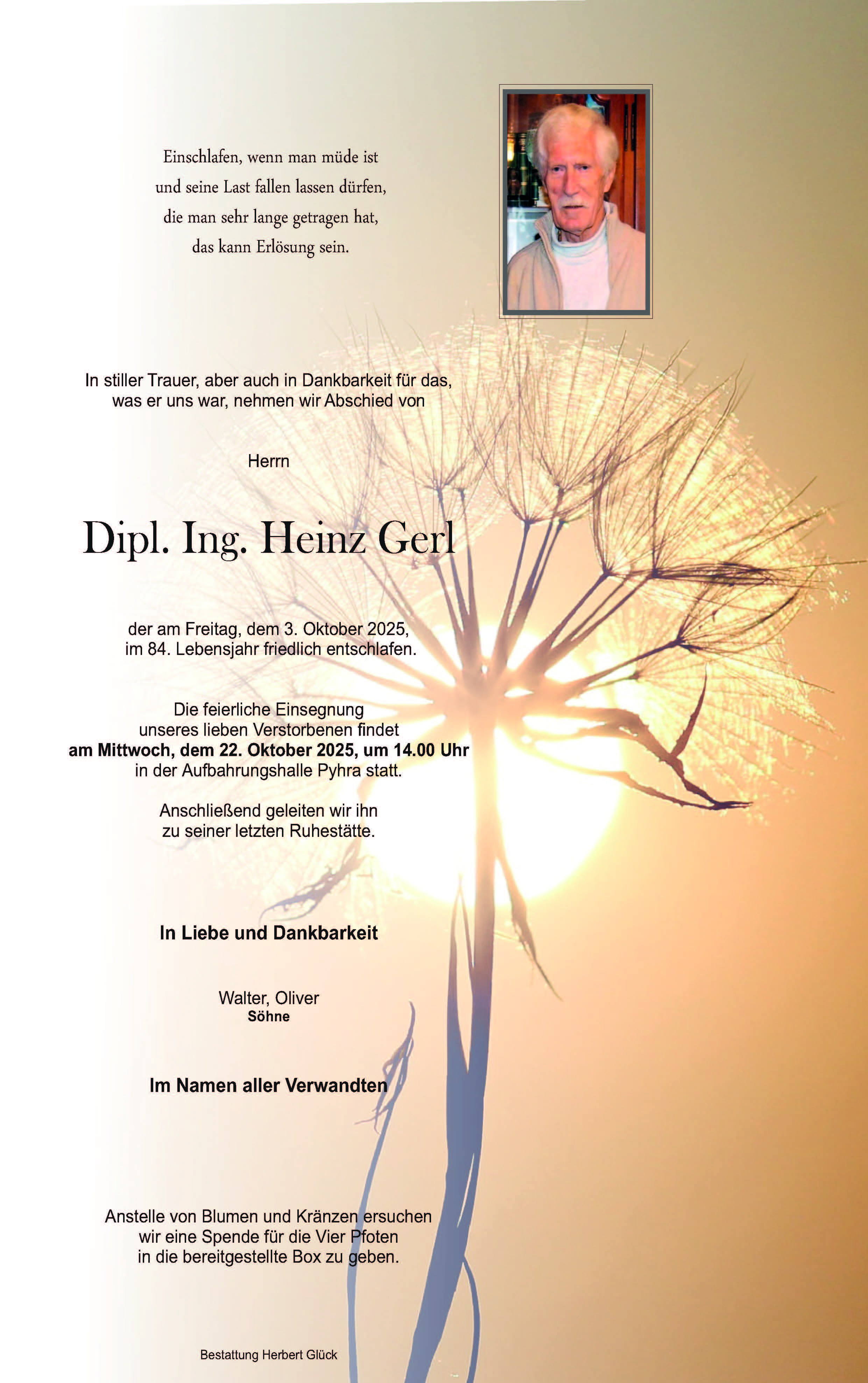Sterbefall Heinz Gerl
