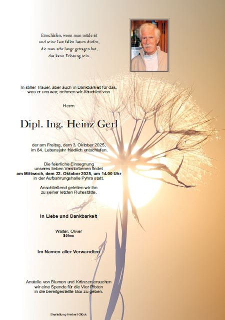 Sterbefall Heinz Gerl