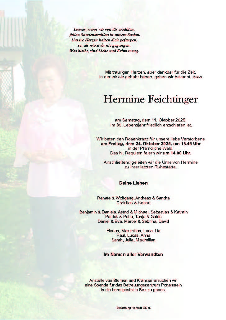 Sterbefall Hermine Feichtinger