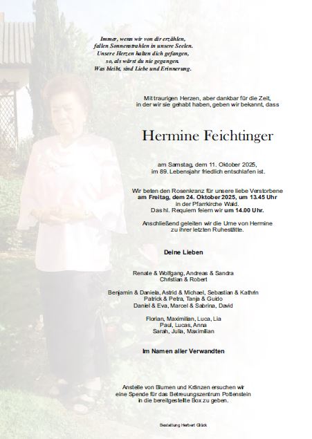 Sterbefall Hermine Feichtinger