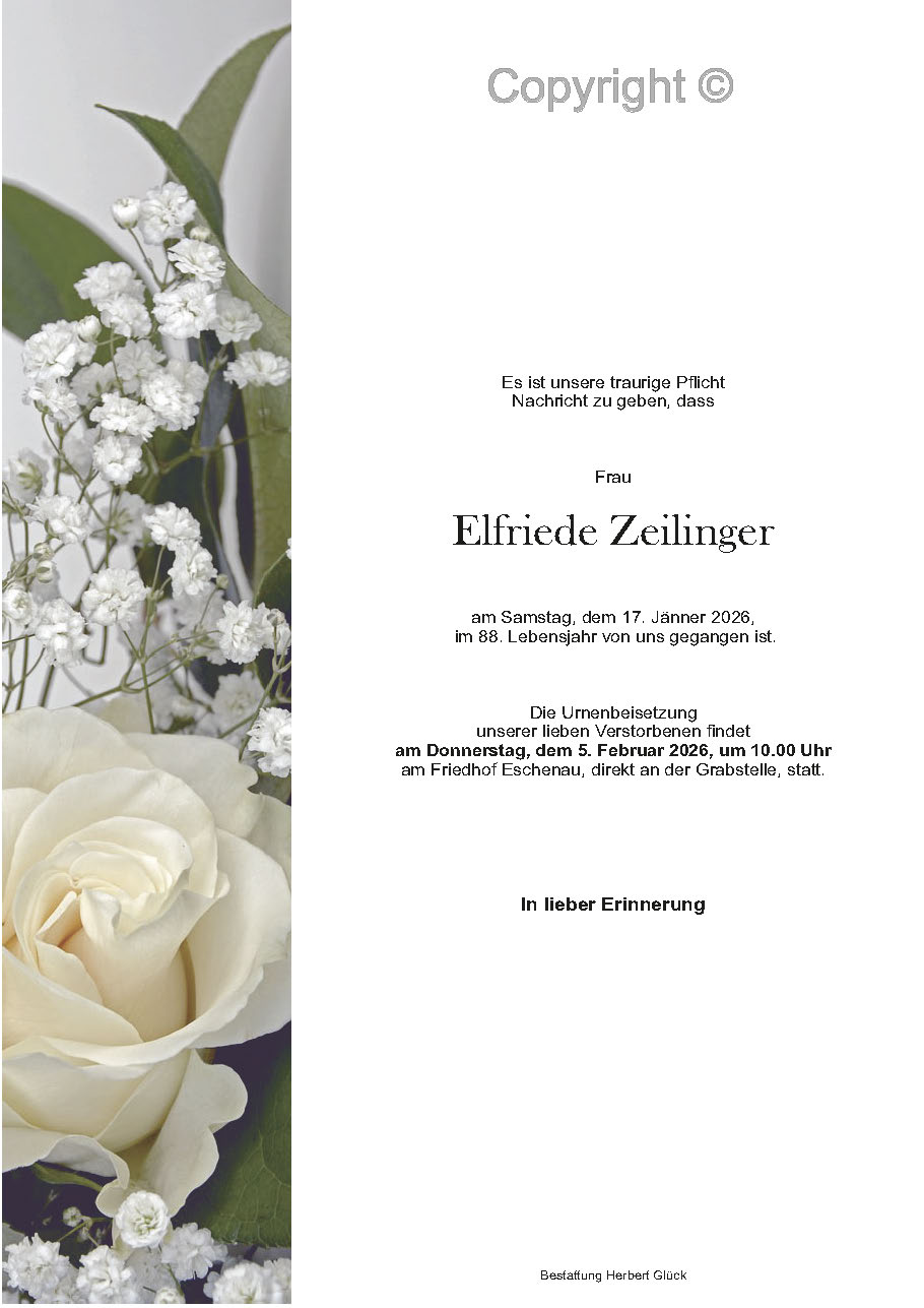 Sterbefall Elfriede Zeilinger