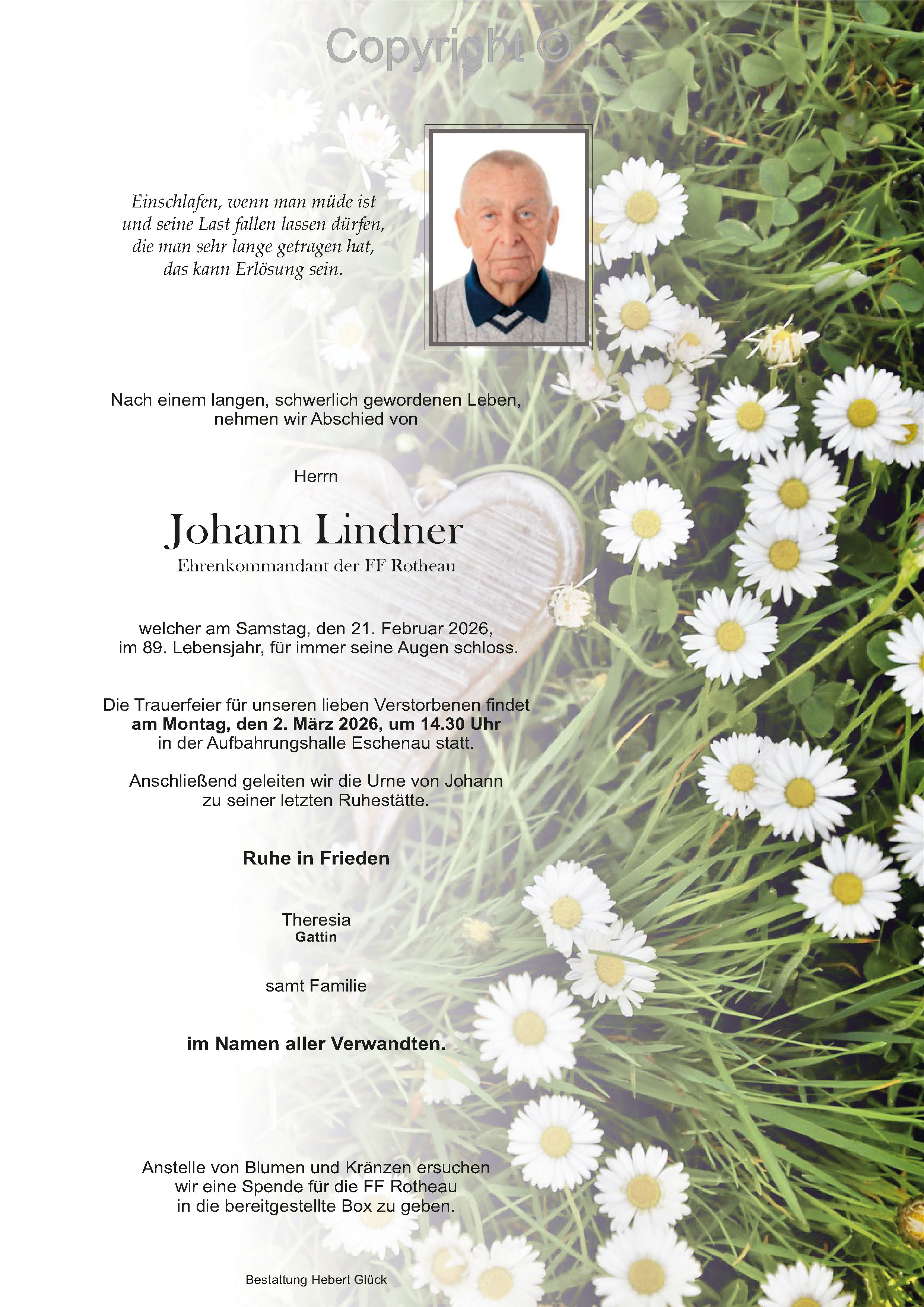 Sterbefall Johann Lindner