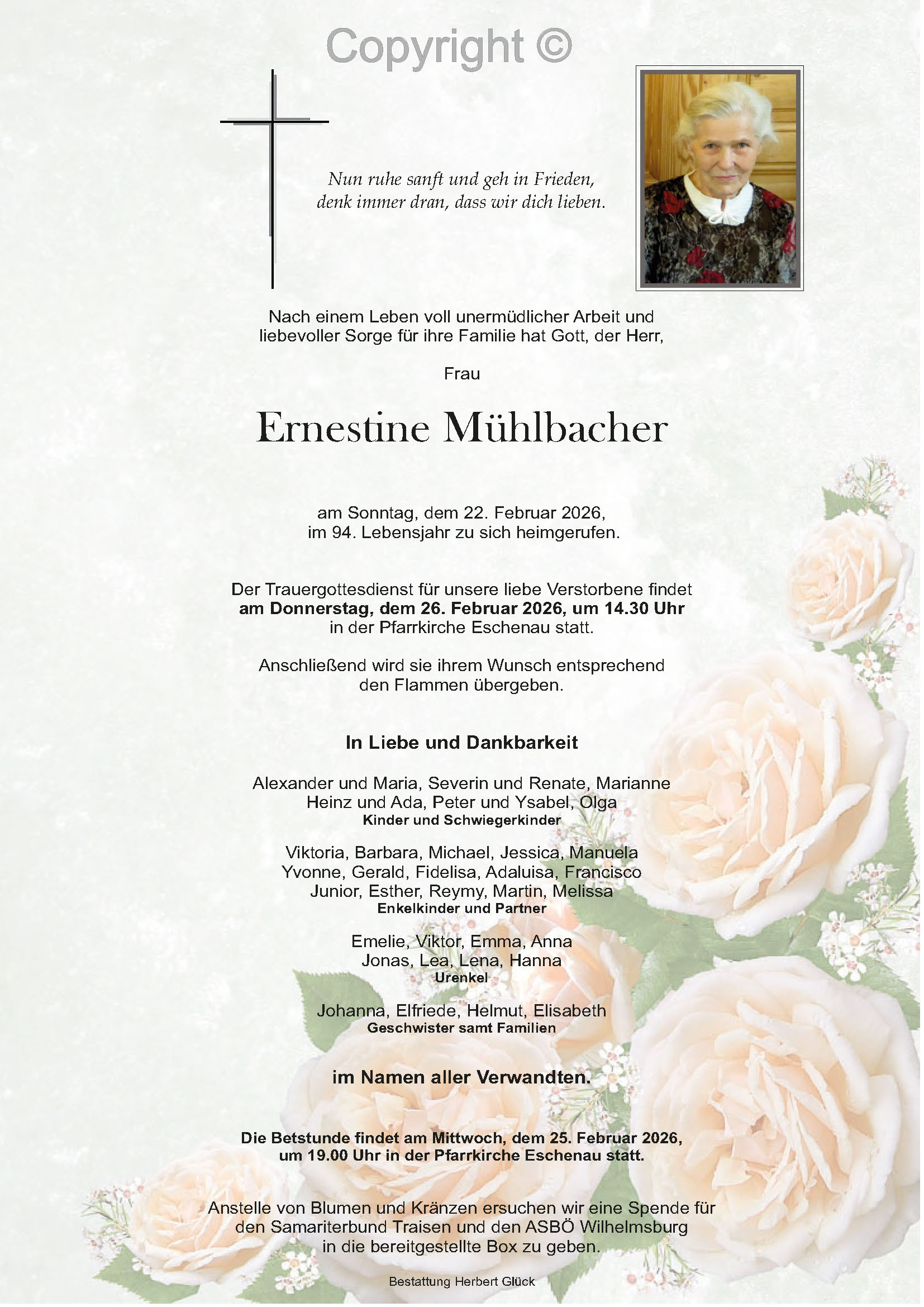 Sterbefall Ernestine Mühlbacher