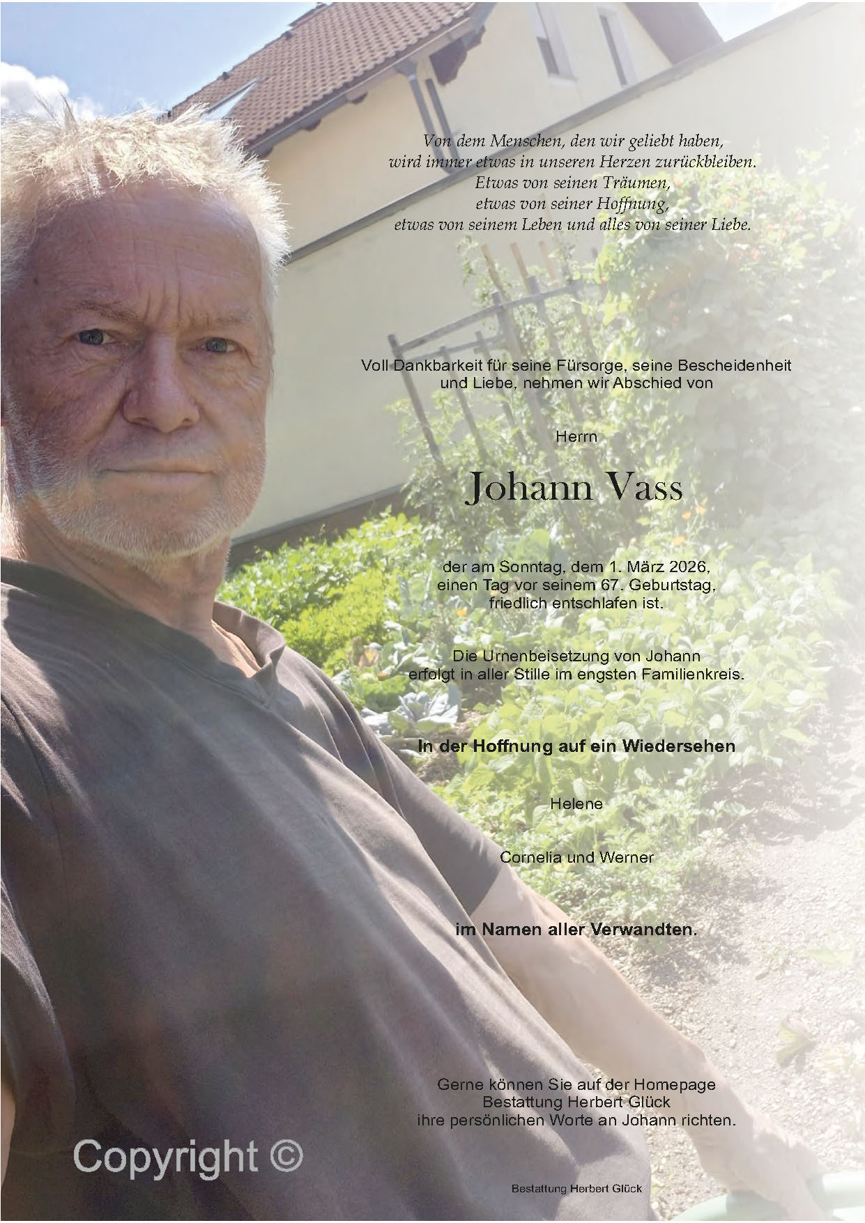 Sterbefall Johann Vass