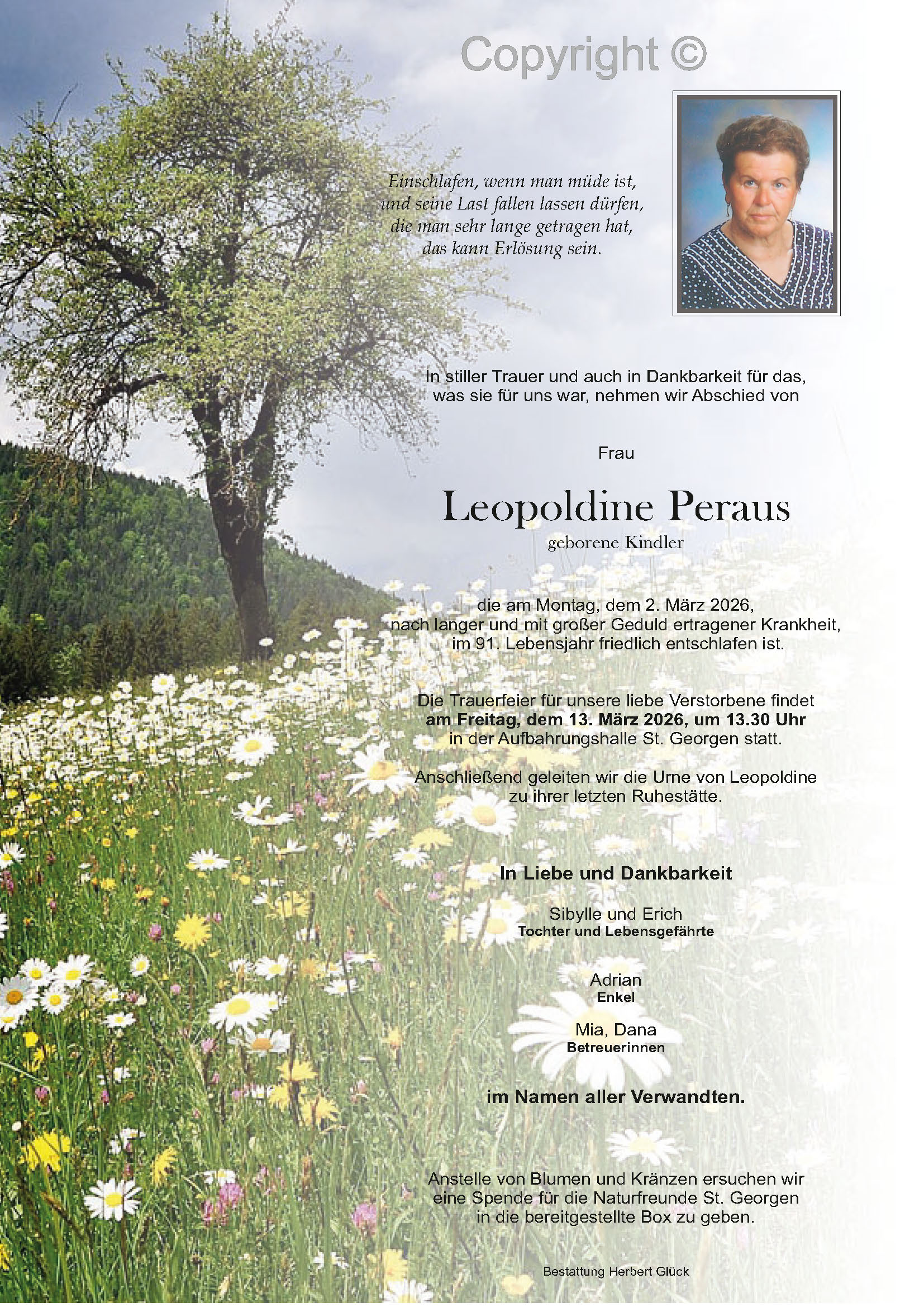 Sterbefall Leopoldine Peraus
