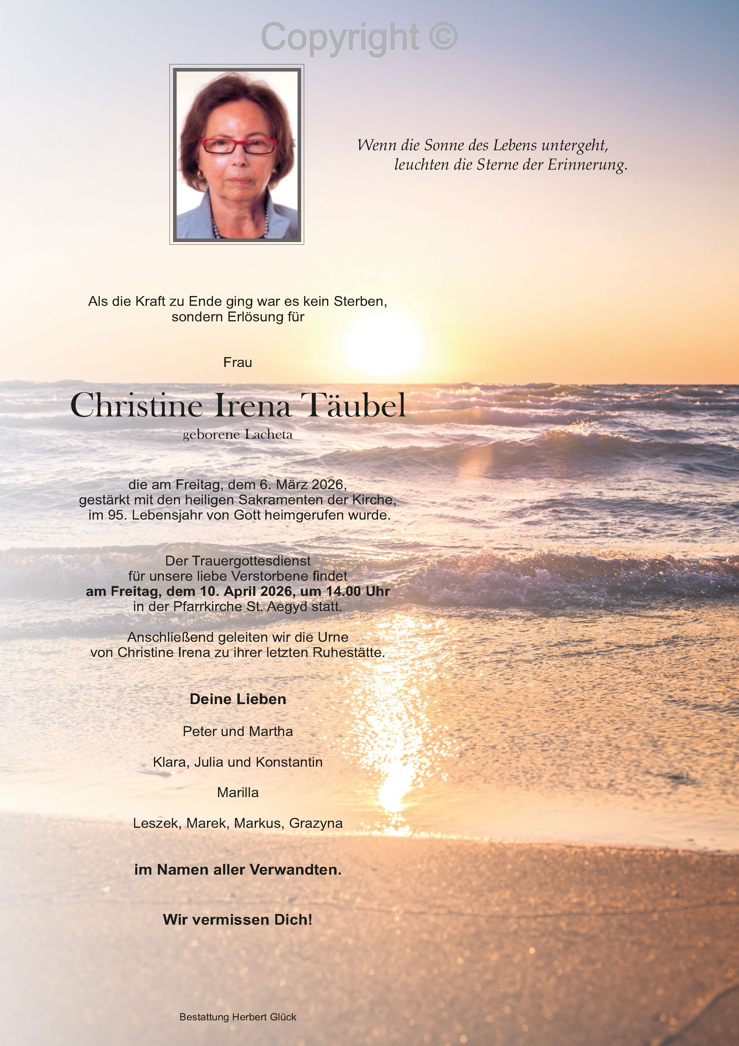 Sterbefall Christine Irena Täubel