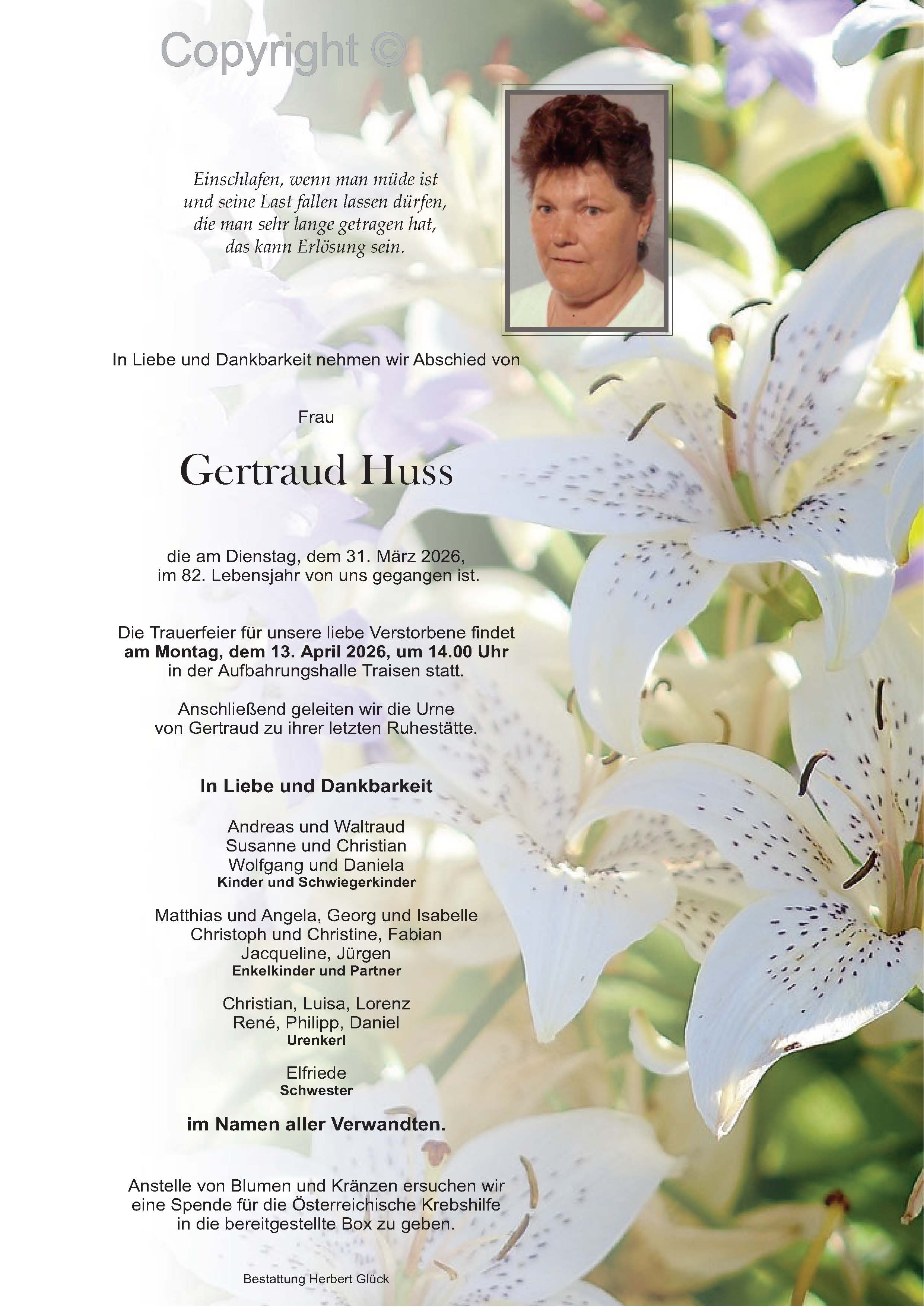 Sterbefall Gertraud Huss