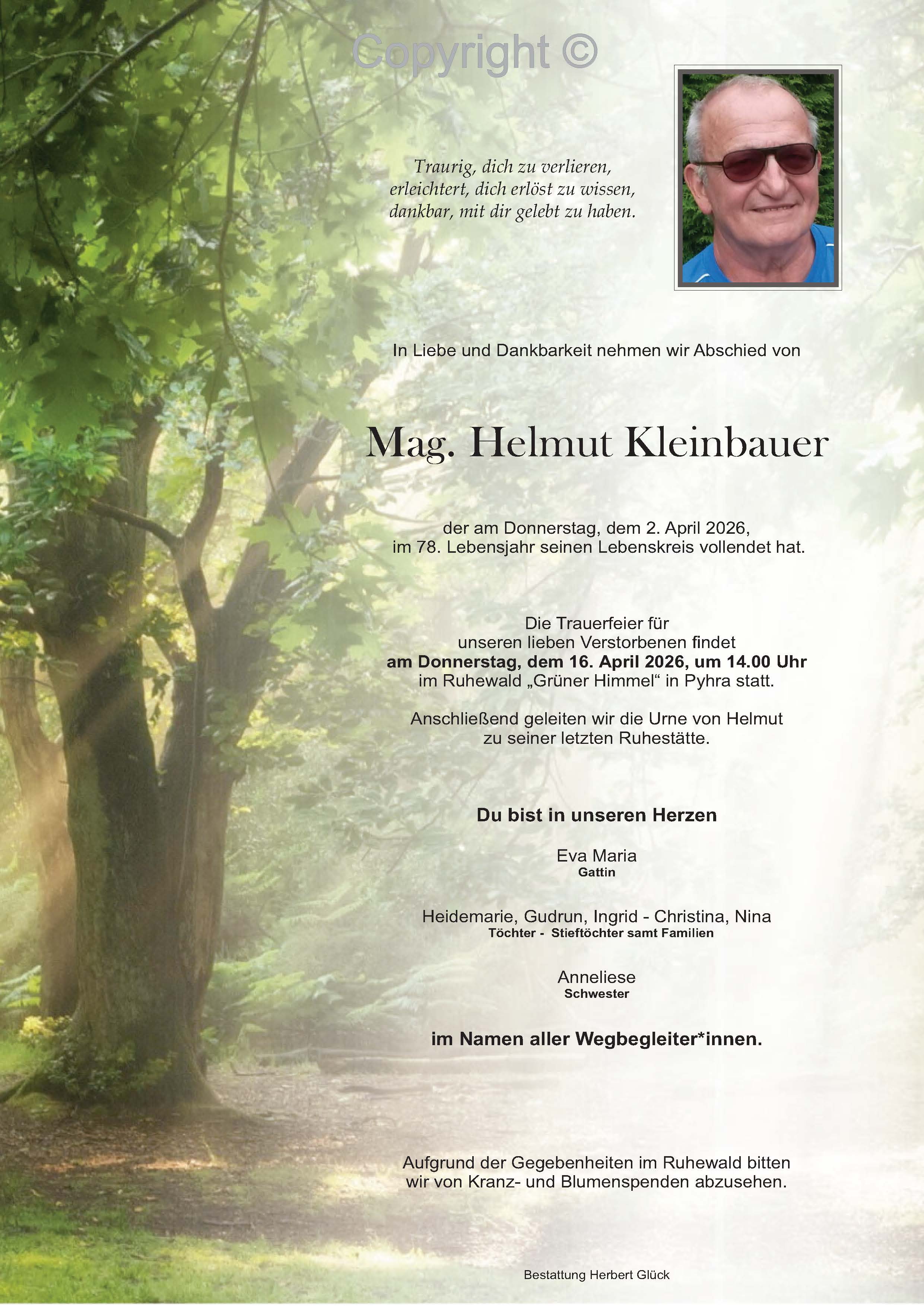 Sterbefall Helmut Kleinbauer