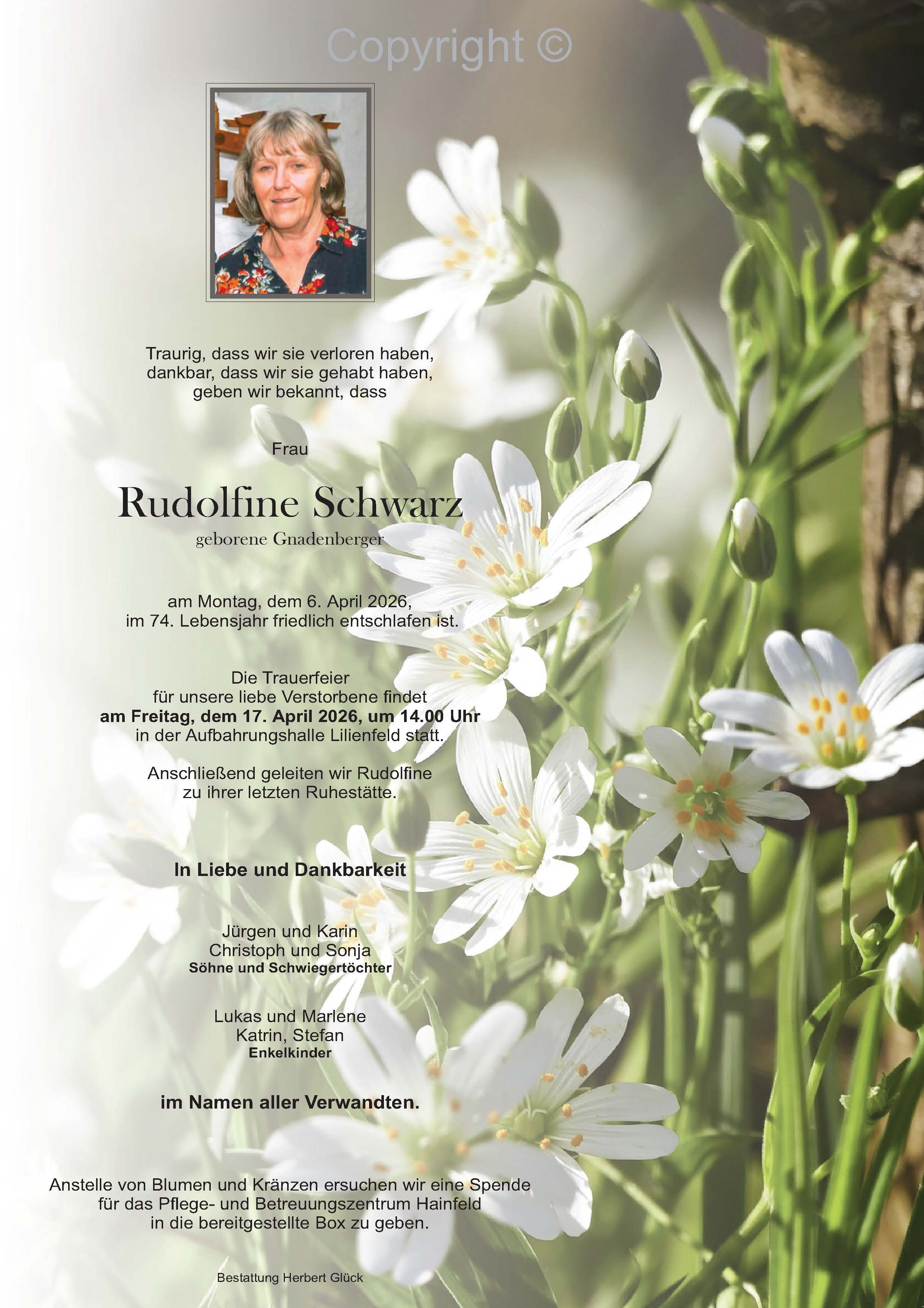 Sterbefall Rudolfine Schwarz