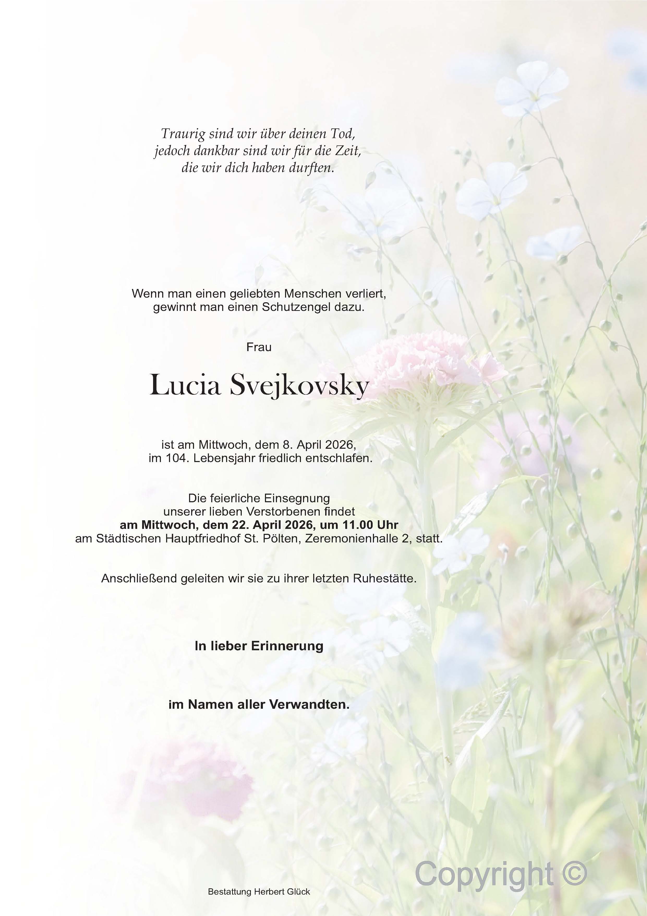 Sterbefall Lucia Svejkovsky