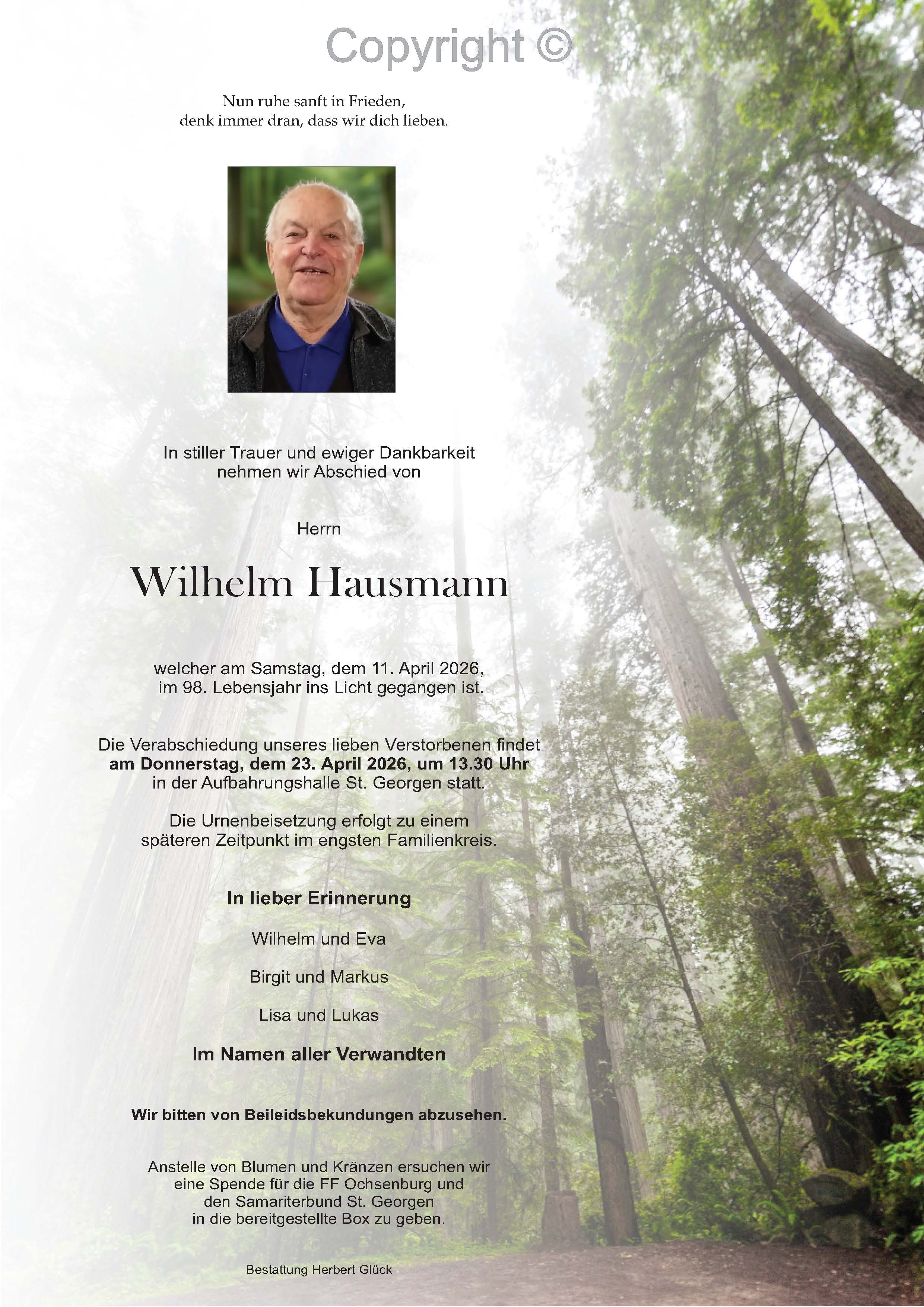 Sterbefall Wilhelm Hausmann