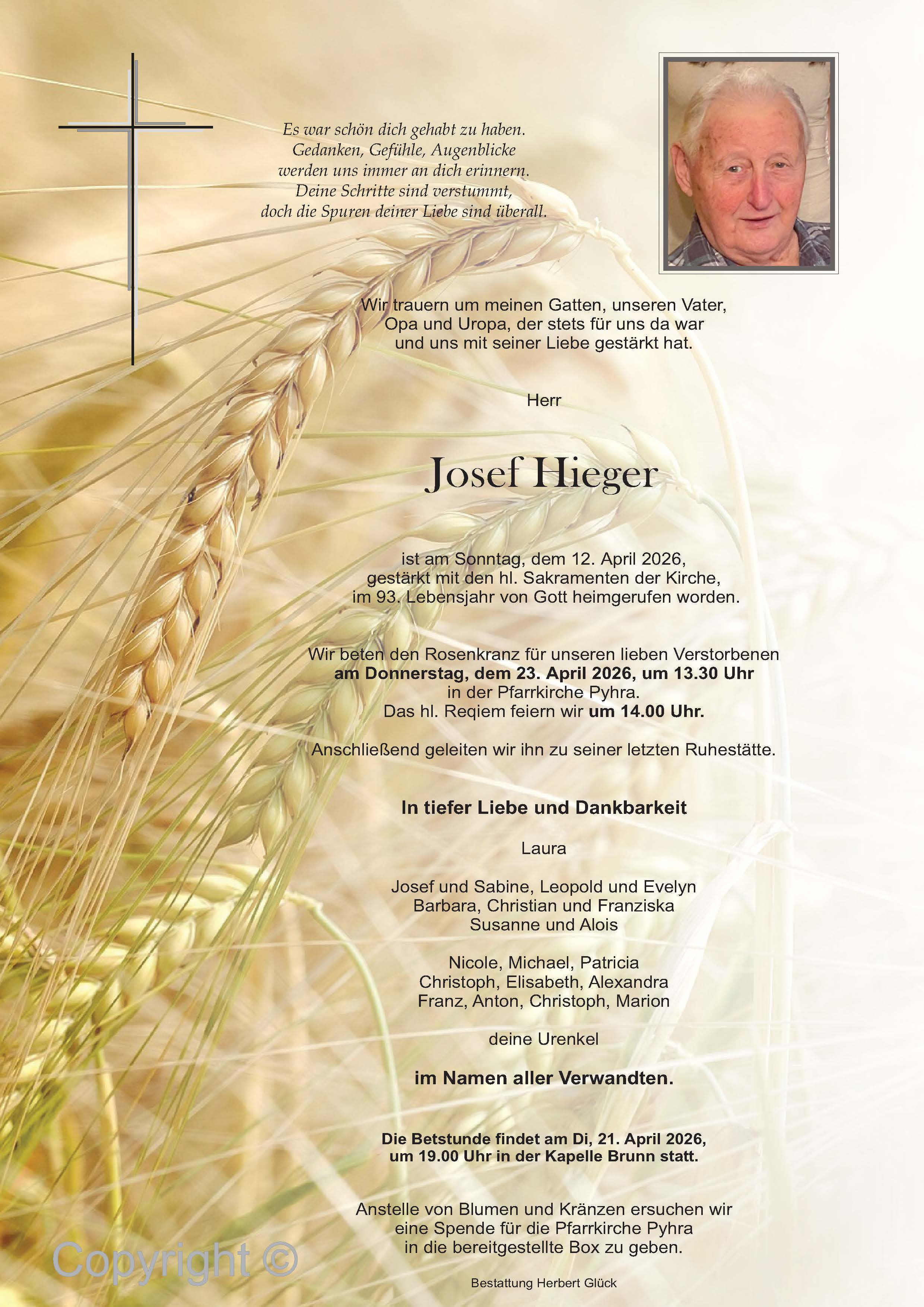 Sterbefall Josef Hieger