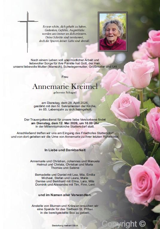 Sterbefall Annemarie Kreimel