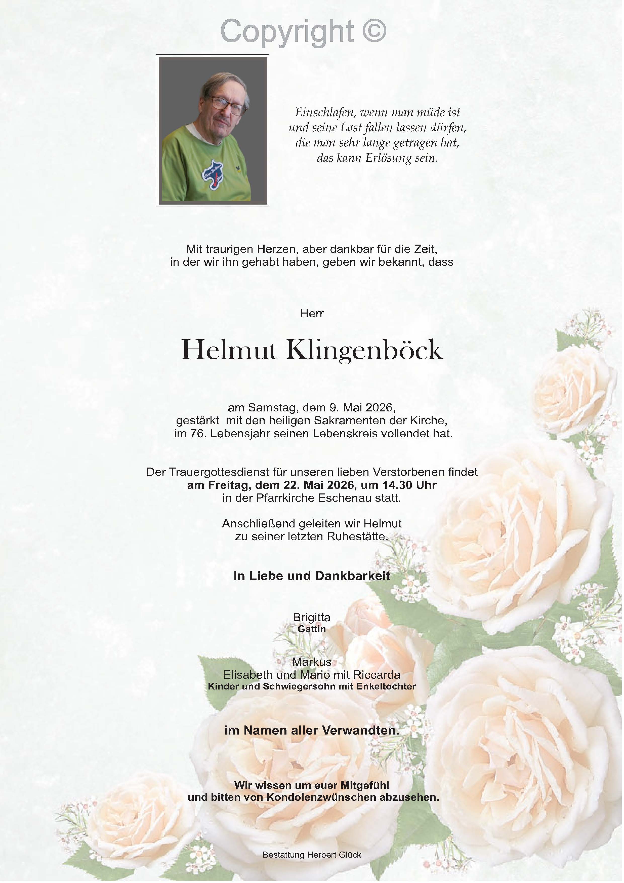Sterbefall Helmut Klingenböck