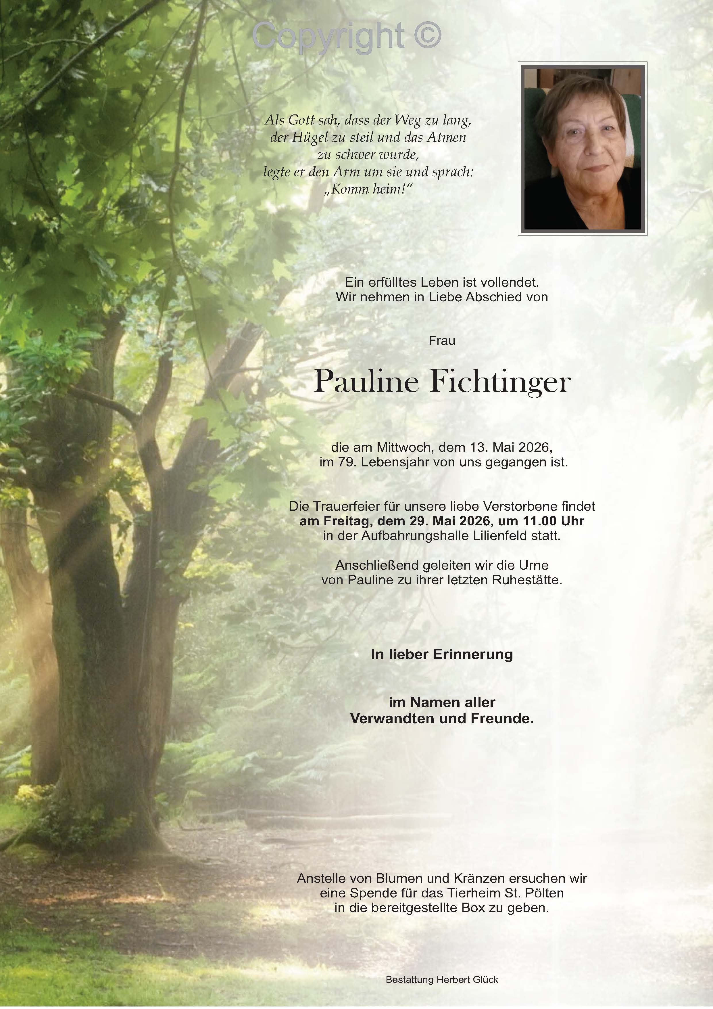 Sterbefall Pauline Fichtinger