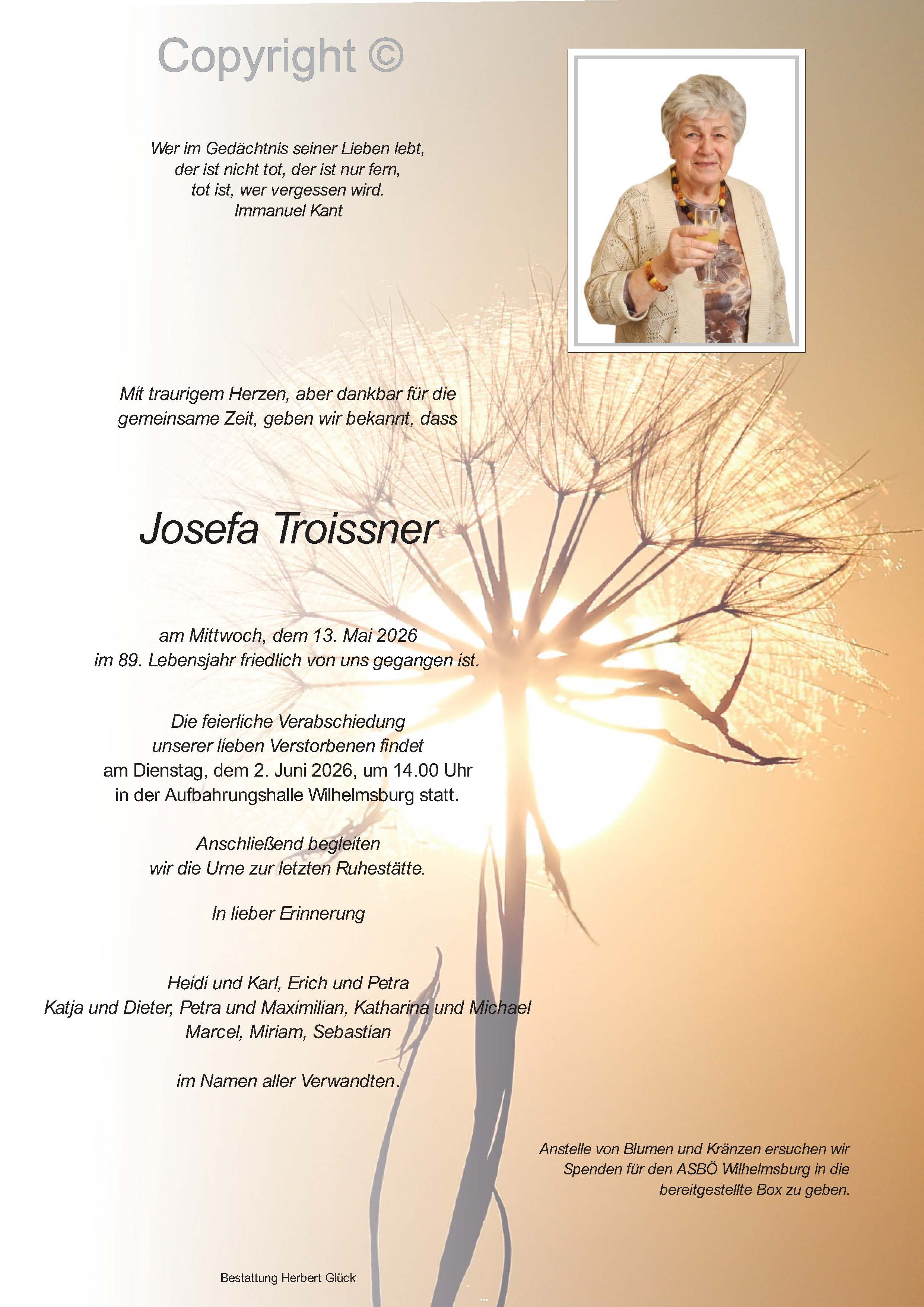 Sterbefall Josefa Troissner