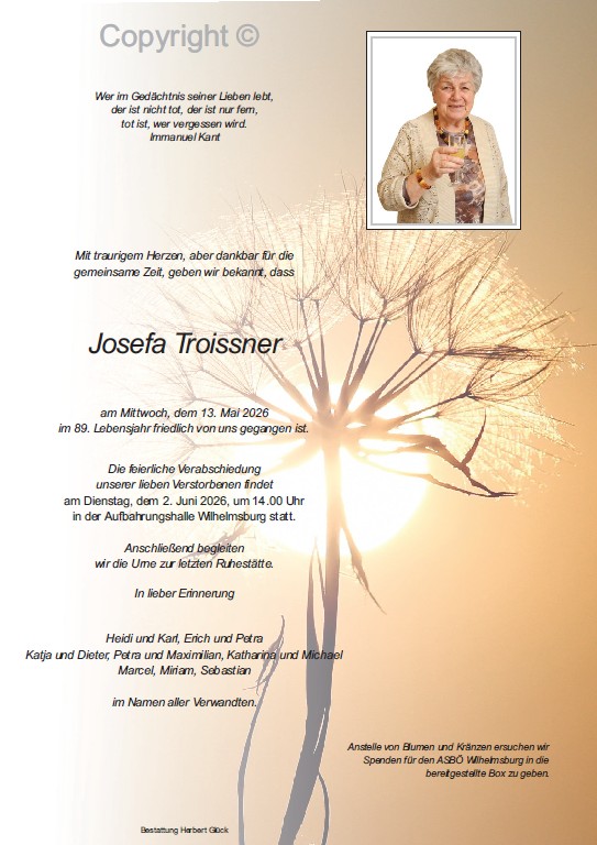 Sterbefall Josefa Troissner