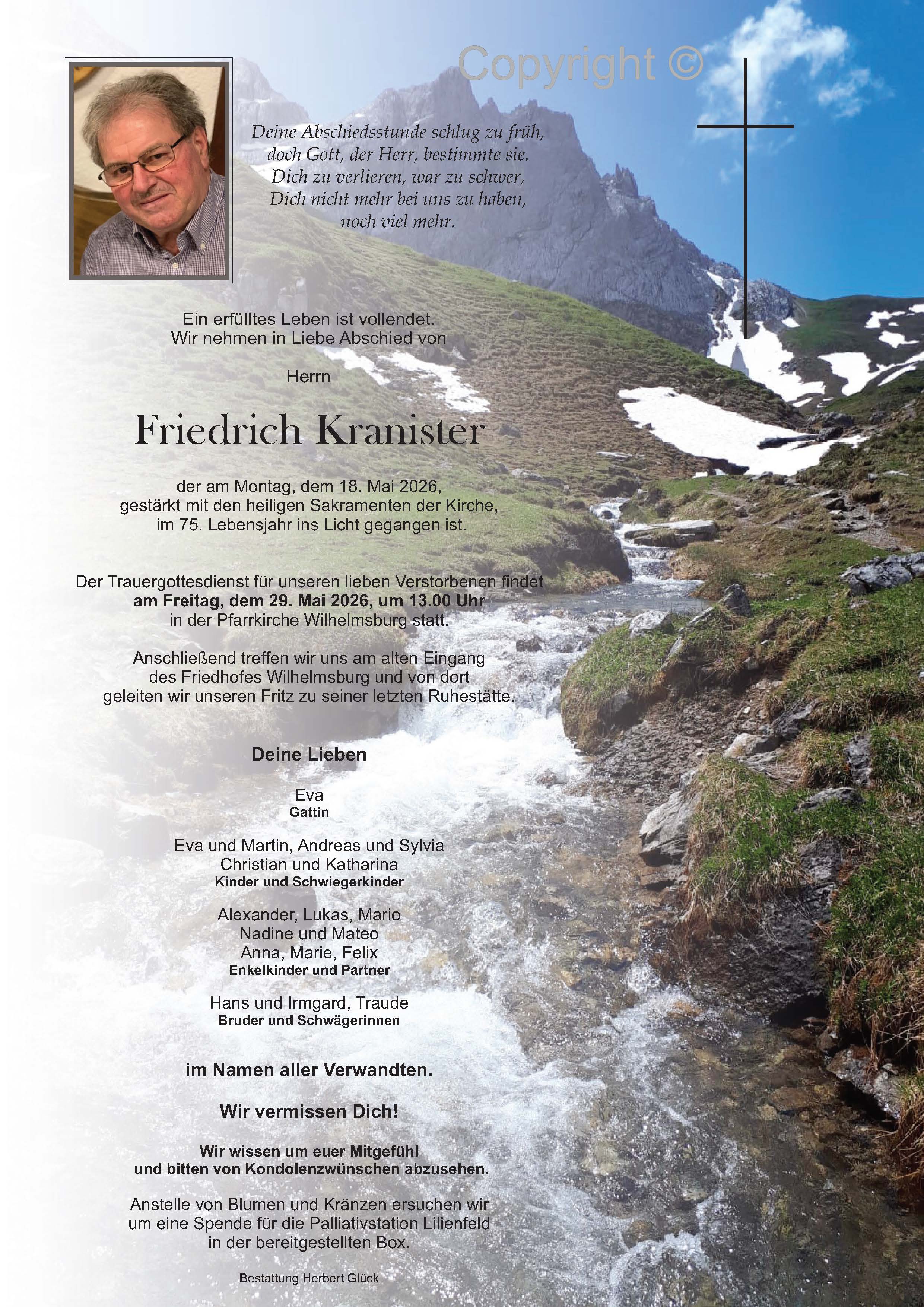 Sterbefall Friedrich Kranister