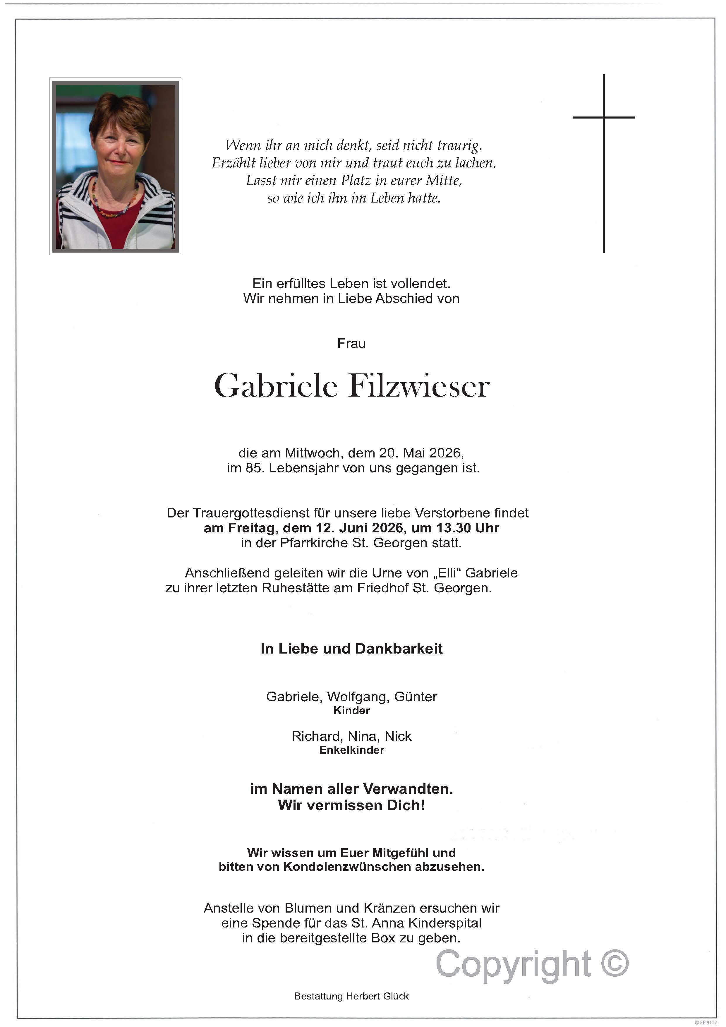 Sterbefall Gabriele Filzwieser