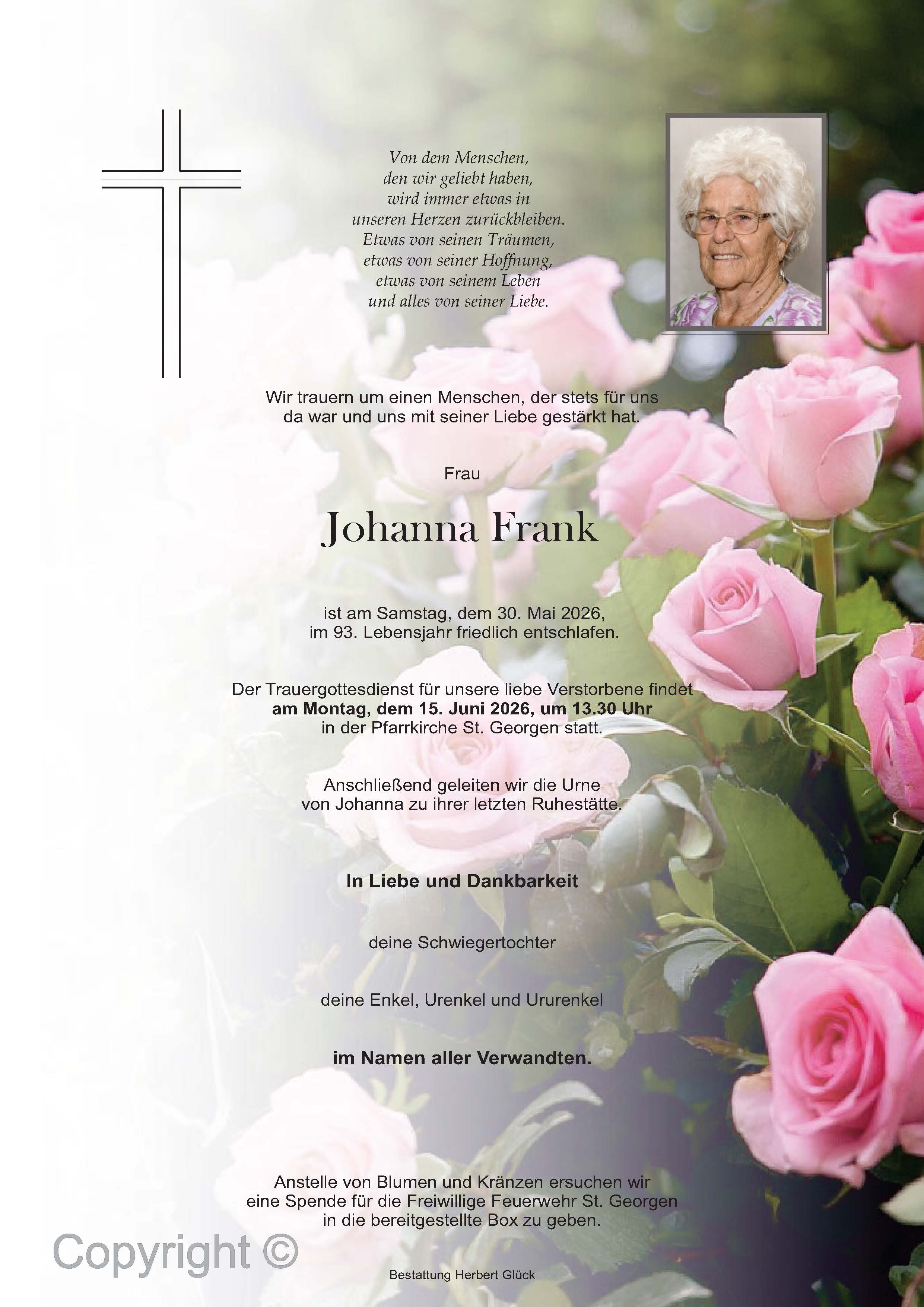 Sterbefall Johanna Frank