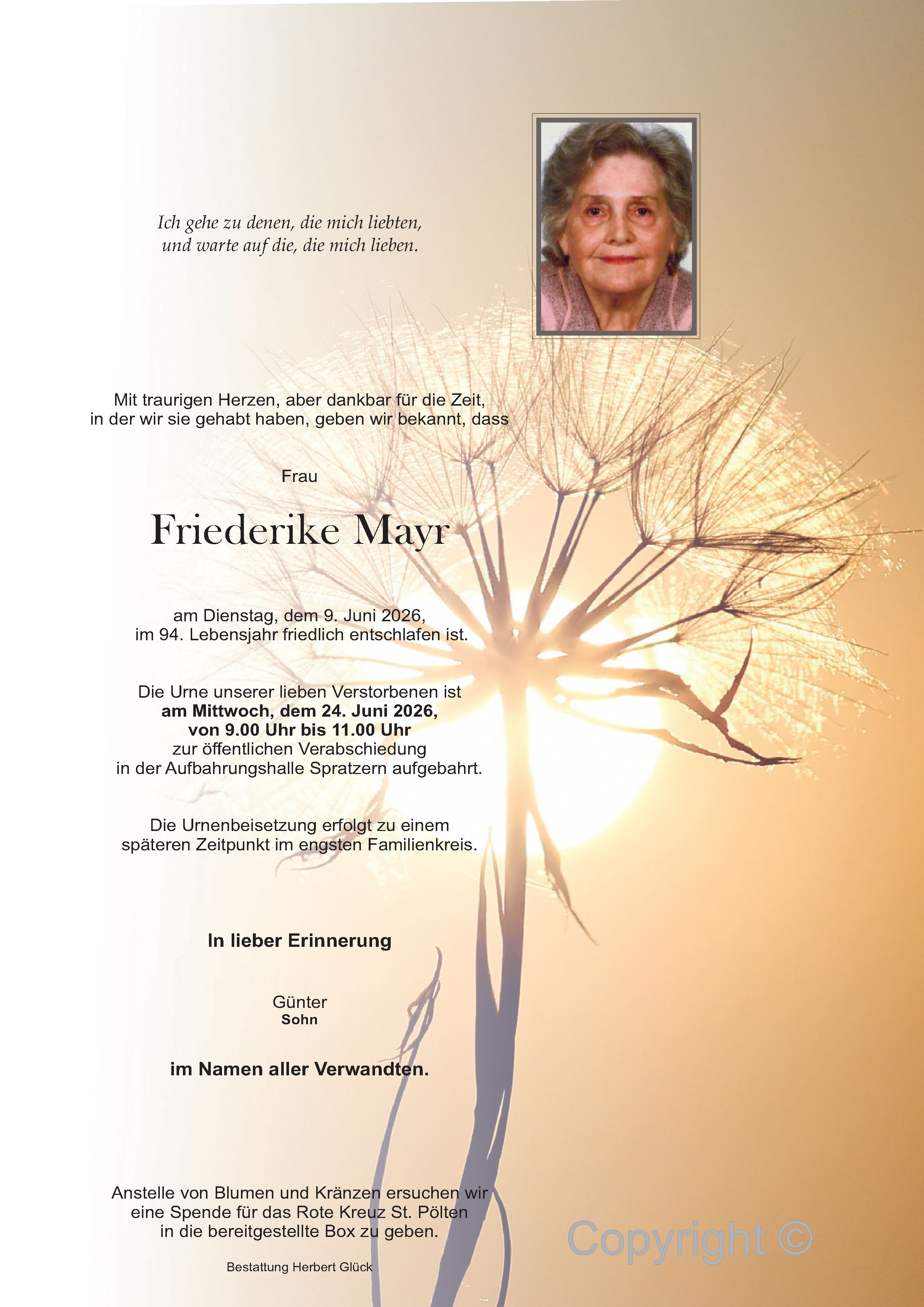 Sterbefall Friederike Mayr