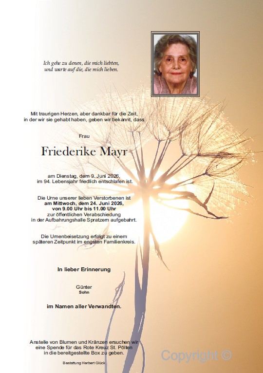 Sterbefall Friederike Mayr