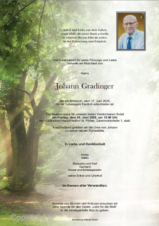 Sterbefall Johann Gradinger