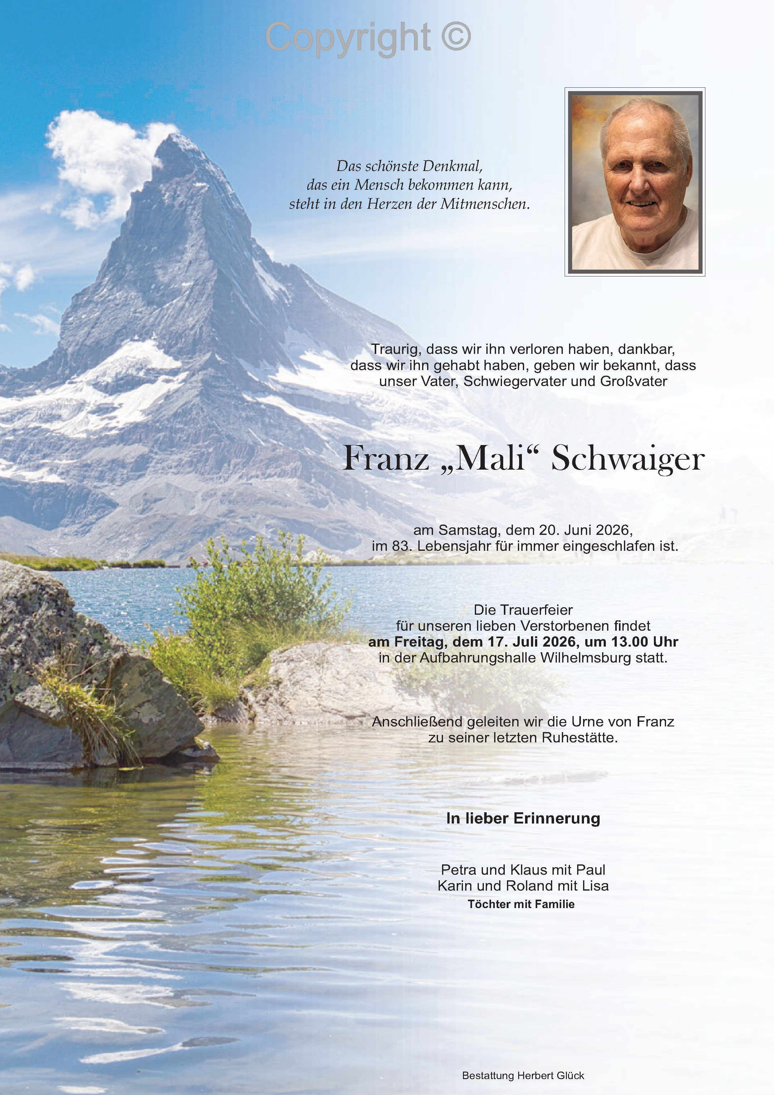 Sterbefall Franz Schwaiger