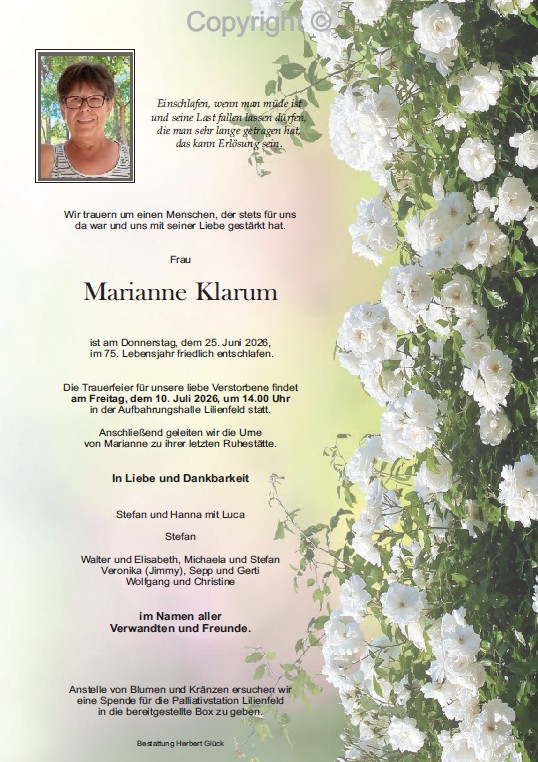 Sterbefall Marianne Klarum