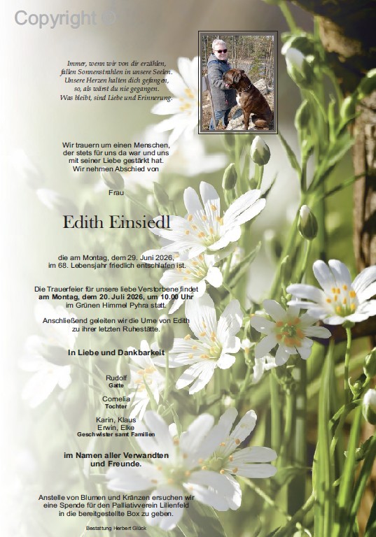 Sterbefall Edith Einsiedl