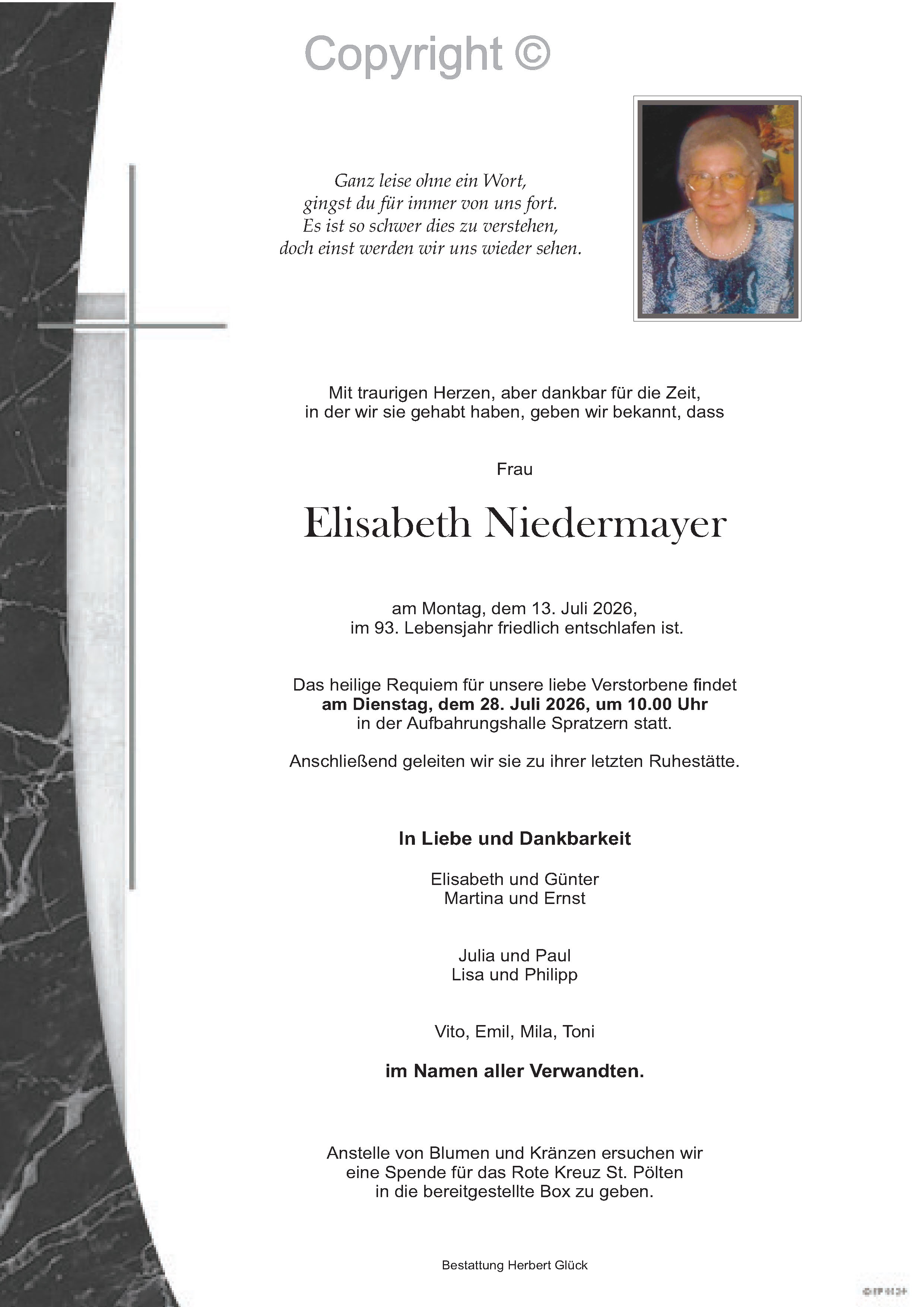 Sterbefall Elisabeth Niedermayer