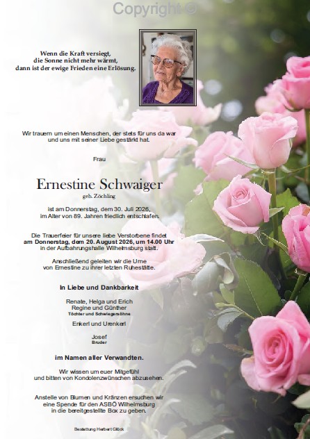 Sterbefall Ernestine Schwaiger