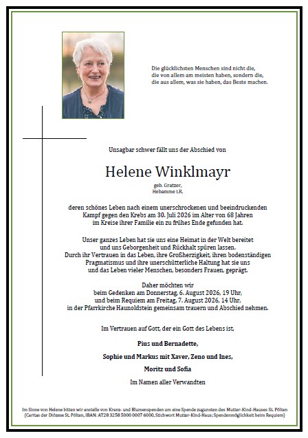 Sterbefall Helene Winklmayr