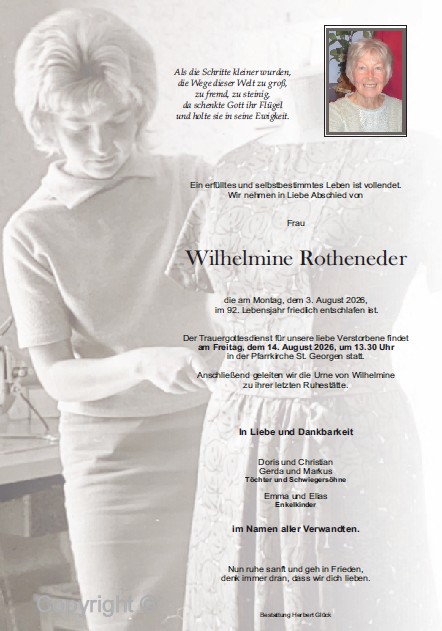 Sterbefall Wilhelmine Rotheneder
