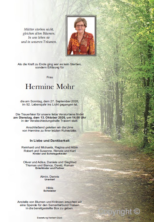 Sterbefall Hermine Mohr