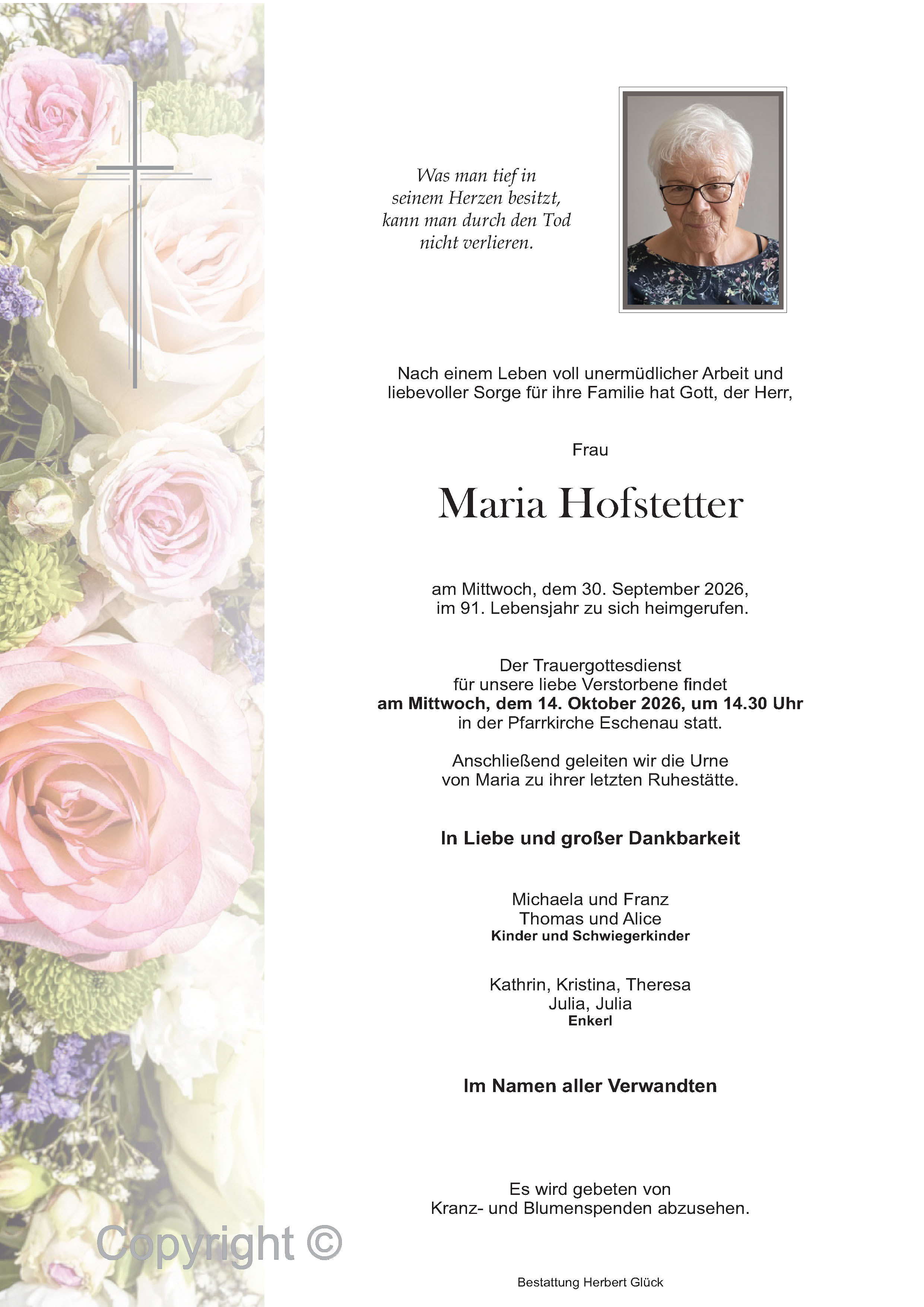 Sterbefall Maria Hofstetter