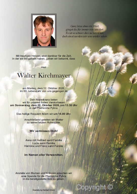 Sterbefall Walter Kirchmayer
